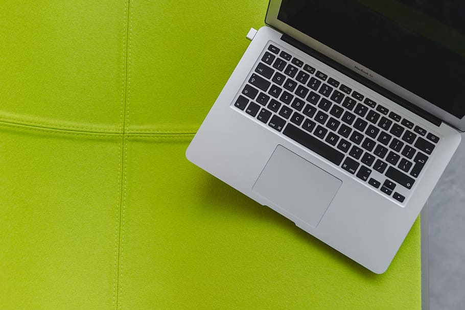 vista, laptop, cadeira de limão, cadeira, computador, amarelo, macbook, verde, limão, fluorescente