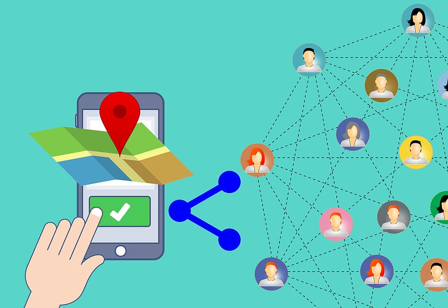 illustration, sharing, location, mobile, device mapping application, social, network, individual., phone, share