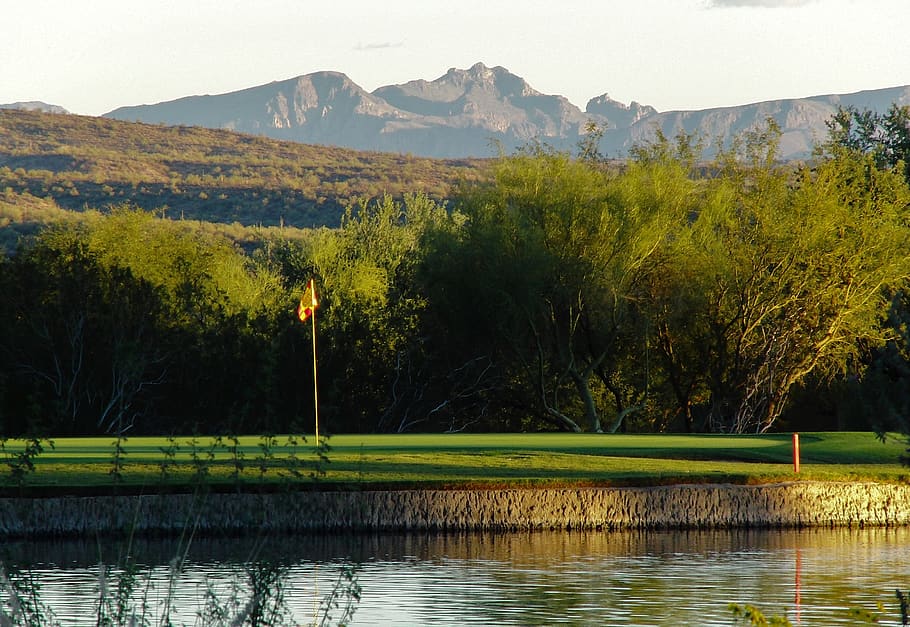 golf green, arizona, mountains, tree, plant, water, beauty in nature, tranquility, mountain, lake