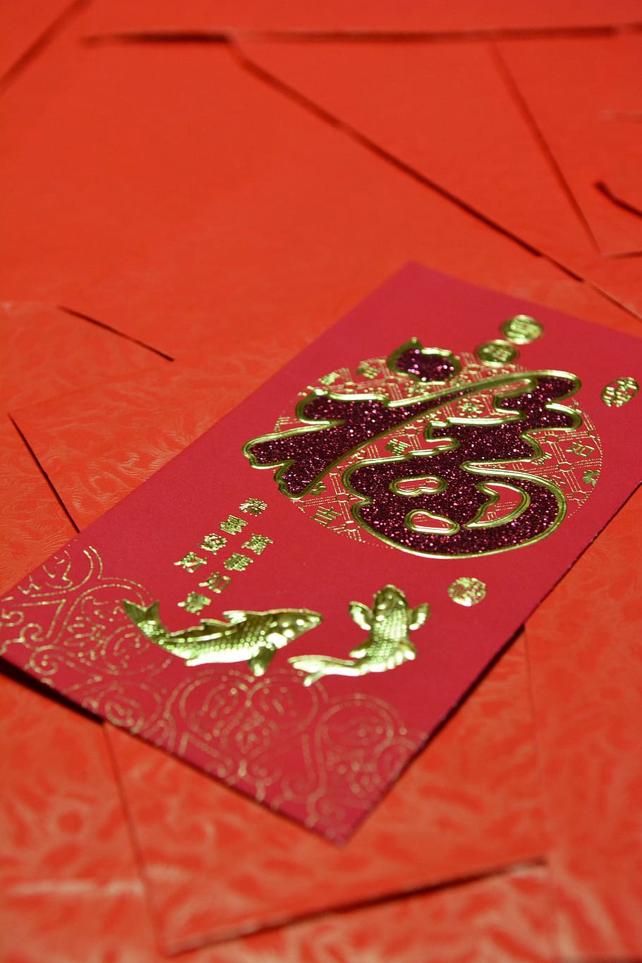 red, new year, chinese new year, red envelope, celebration, indoors, close-up, still life, high angle view, orange color