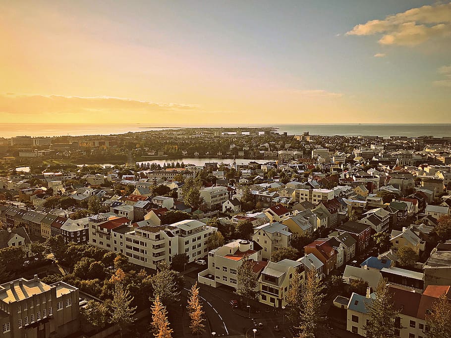 sky, perspective, house, iceland, sunset, sunrise, town, cityscape, reykjavik, landscape