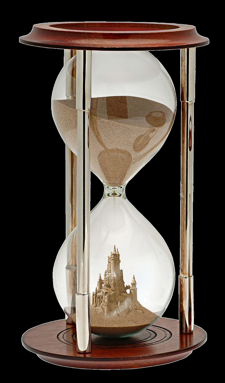hourglass, glass, hour, time, object, sand, sandy, flow, black background, studio shot