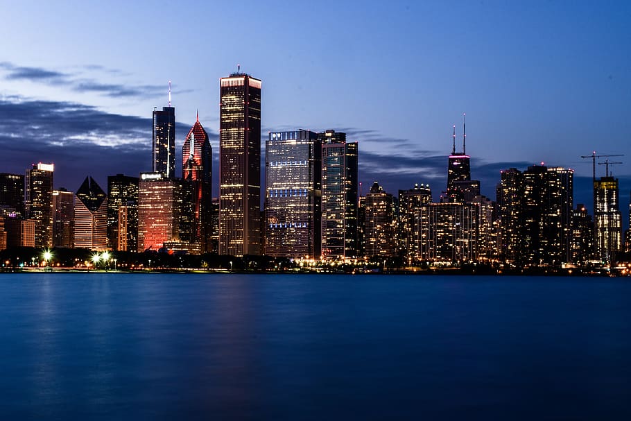 horizonte, chicago, arquitectura, edificio, ciudad, rascacielos, agua, cielo, américa, puesta de sol