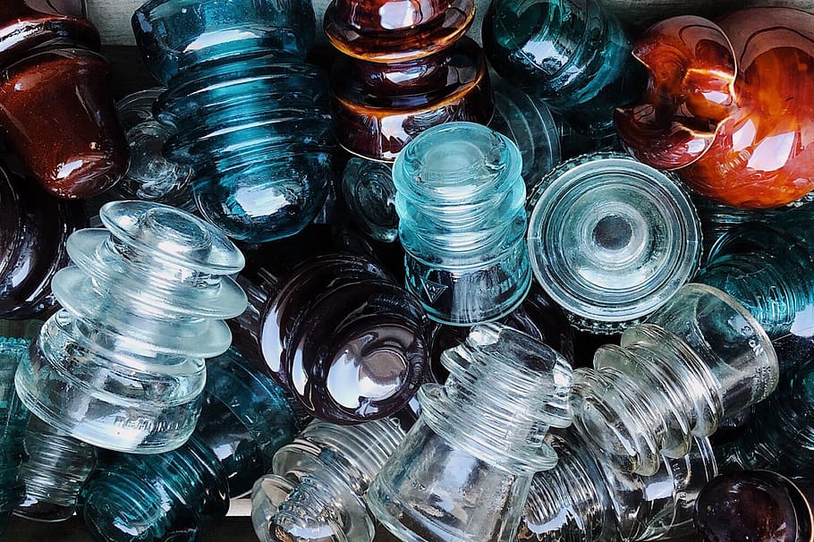 insulators, glass, electricity, electric, vintage, antique, insulator, large group of objects, still life, backgrounds