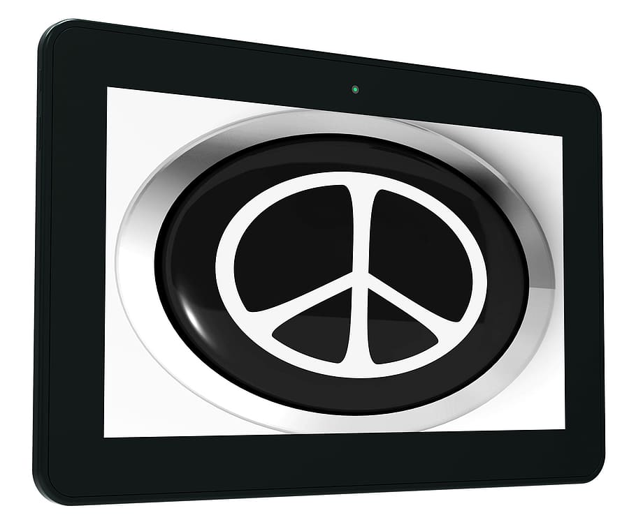 tablet de sinal de paz, mostrando, amor, guerra, botão, hippie, ícone, amor não guerra, on-line, pacifista