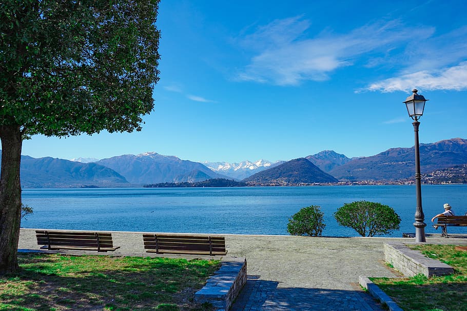 lago maggiore, laveno, varese, landscape, lombardy, italy, lamppost, benches, a view of the lake, vista