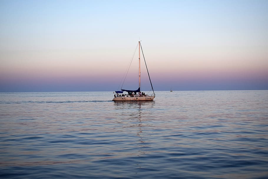 mar, barco, puesta de sol, agua, cielo, azul, calma, tranquilamente, verano, horizonte sobre el agua