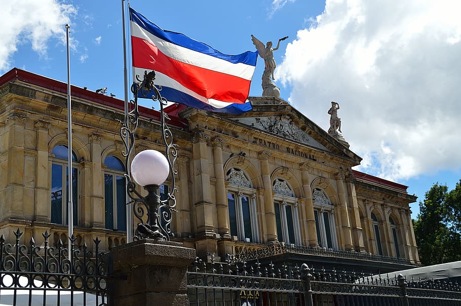Costa Rica, país, símbolo, nacional, nación, banderas, teatro, cielo, edificio, antiguo
