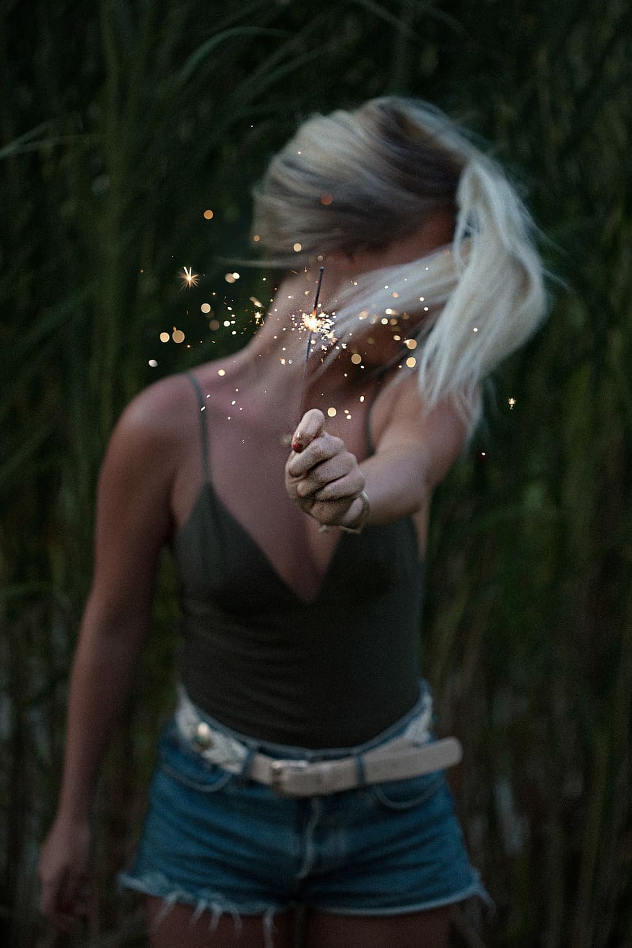 woman, girl, lady, people, stand, fashion, style, hold, sparklers, fireworks