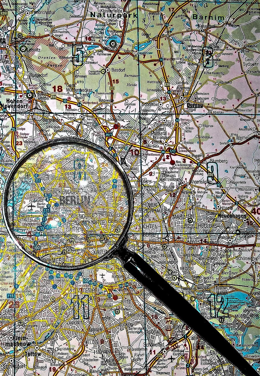 map, magnifying glass, germany, road atlas, berlin, environment, search, information small, increase, recognize