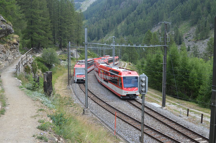 tren, trenes, punto de paso, matterhorn gotthard bahn, unidad múltiple, zermatt, täsch, valle, suiza, transporte