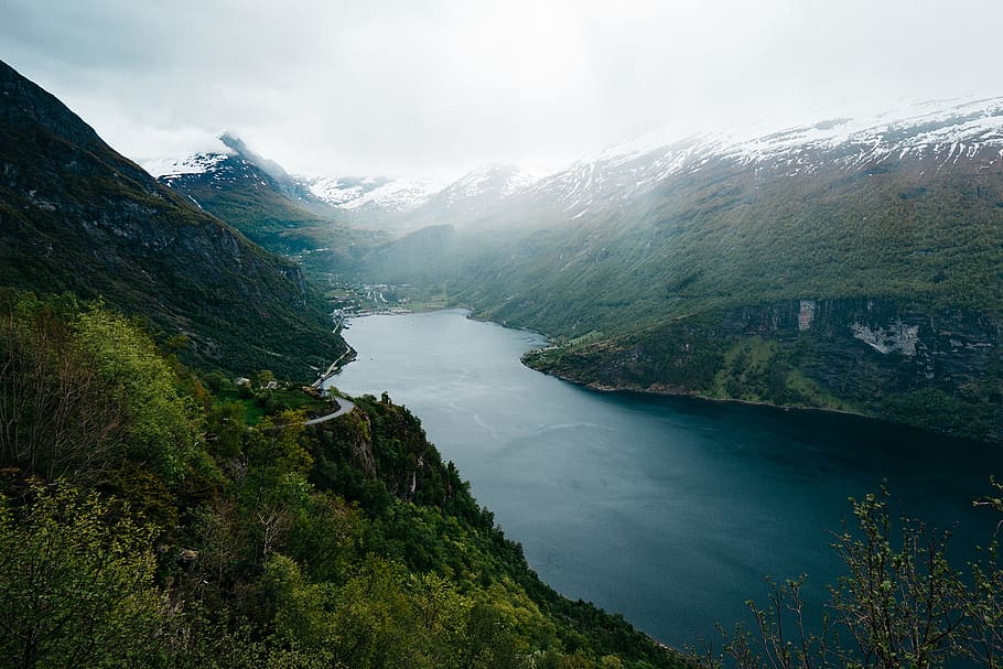 black, fjords, gray, green, haze, hills, landscapes, mountains, snow, water