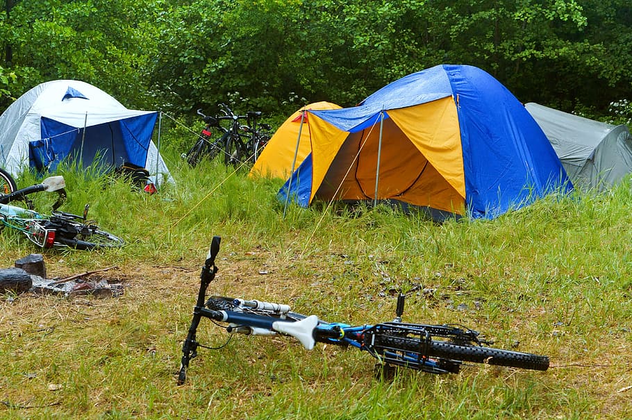 bike, camping, rain, tent, camp, forest, nature, tourist, landscape, outdoors