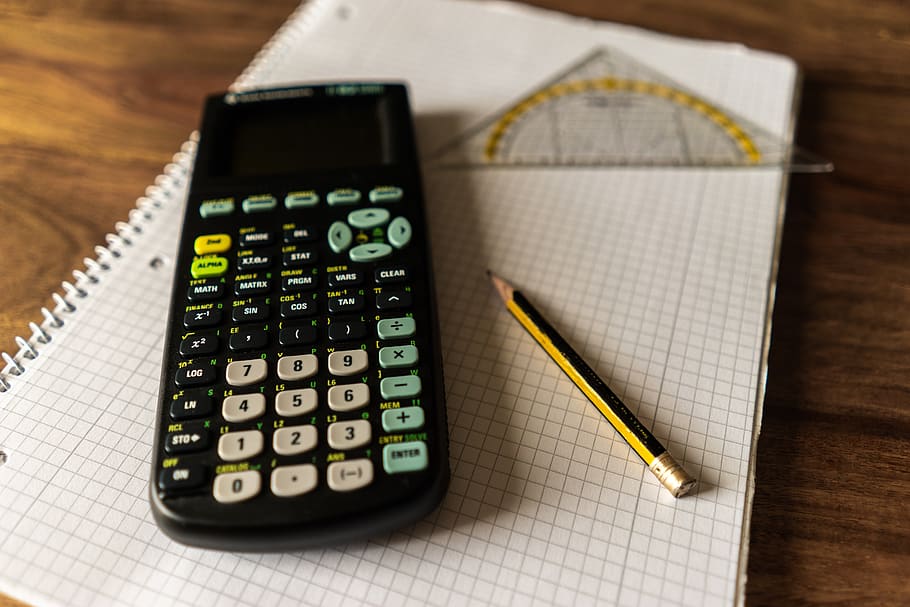 calculator, writing pad, writing tool, schreiber, study, pen, paper, notes, table, write