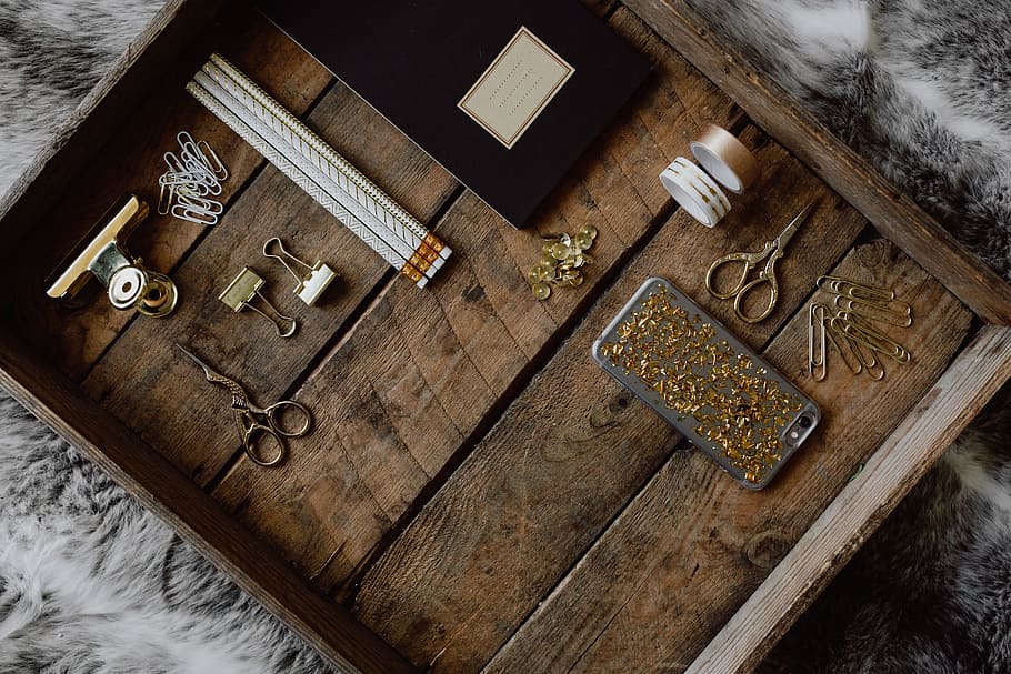 office accessories, old, wooden, tray, flatlay, office, accesories, office accesories, top view, notebook