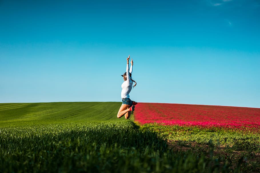 happy, woman, jumping, air, alone, cloudless, eco, ecology, emotions, europe
