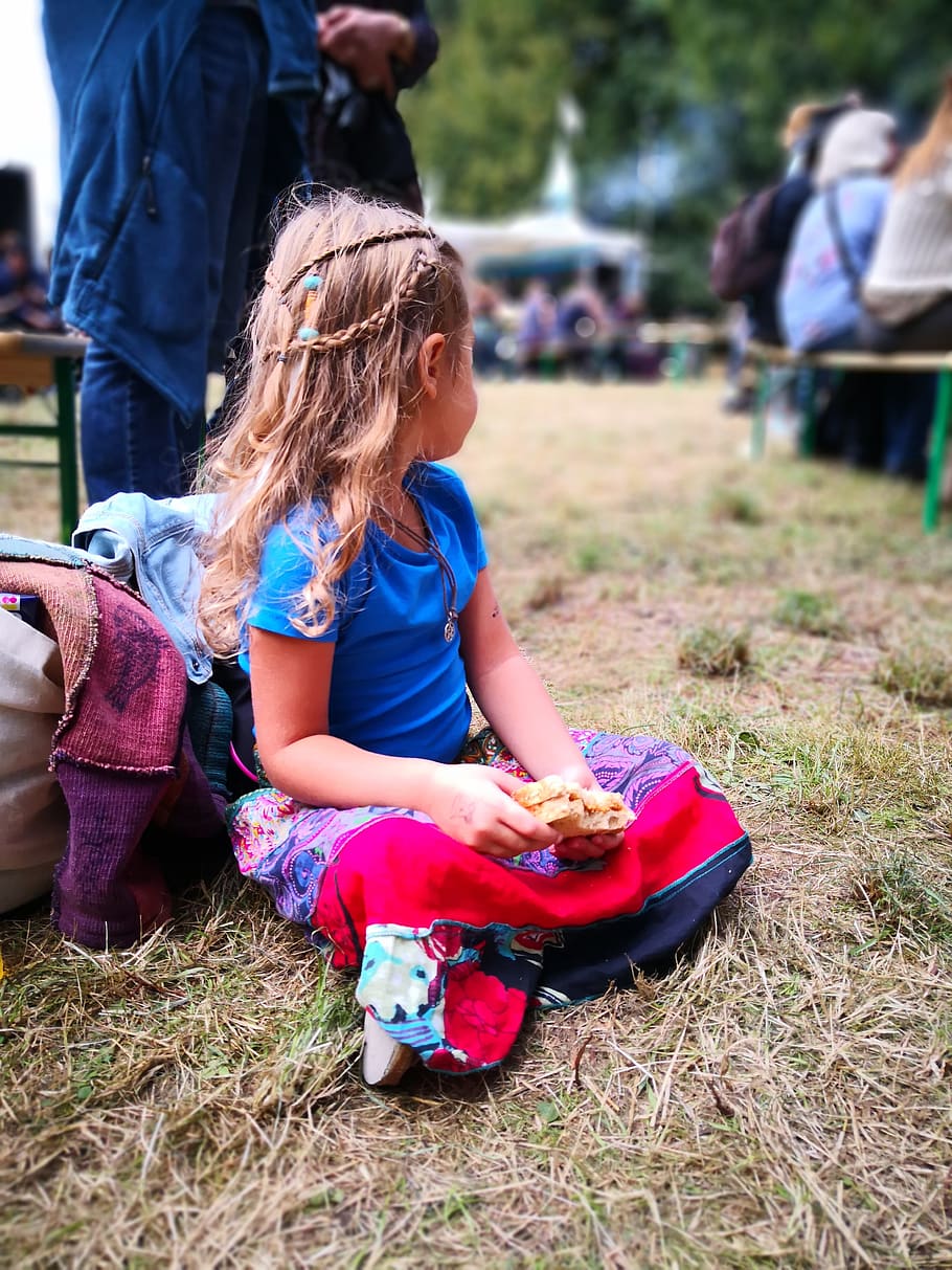 festival, bohemian, pure, spiritual, child, young people, pigtails, hair, real people, sitting
