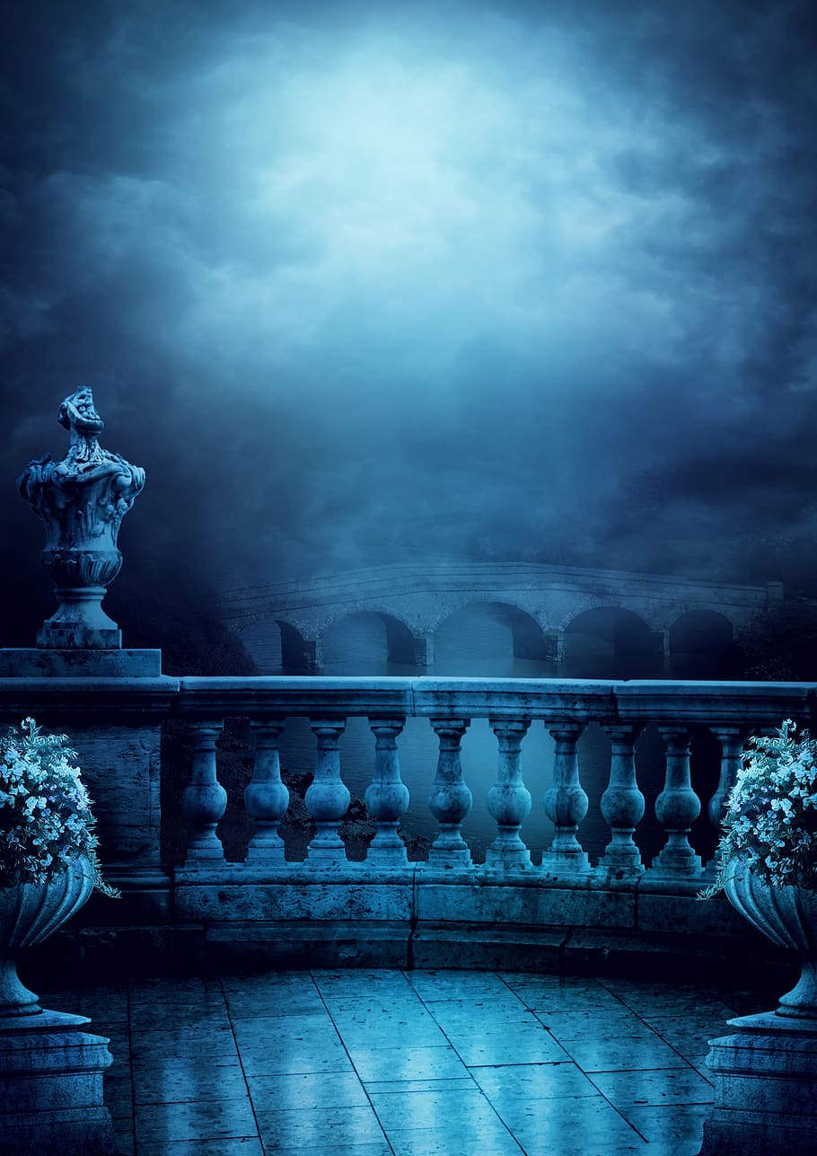 background, fantasy, balcony, bridge, river, flowers, mystical, mysterious, gloomy, gothic