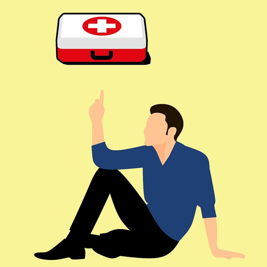 ilustração, primeiro, ajuda, kit, treinamento, ícone, caixa, bandagem, emergência, apontando
