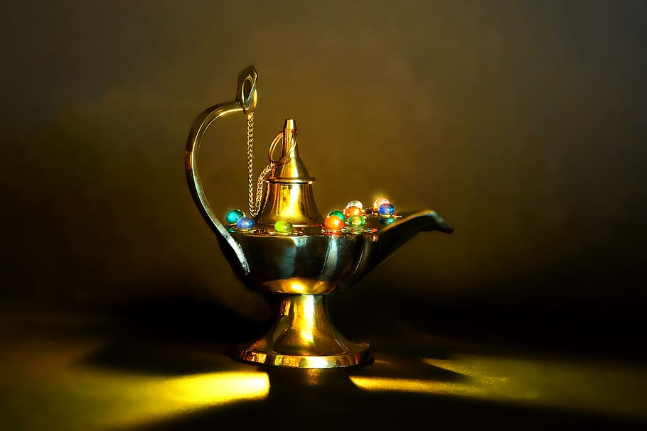 still life, shiny, brass, light, lamp, magic lamp, oriental, indoors, close-up, studio shot