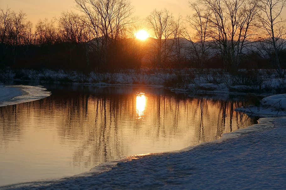 puesta de sol, tarde, río, reflexión, invierno, nieve, heladas, frío, bosque, árboles
