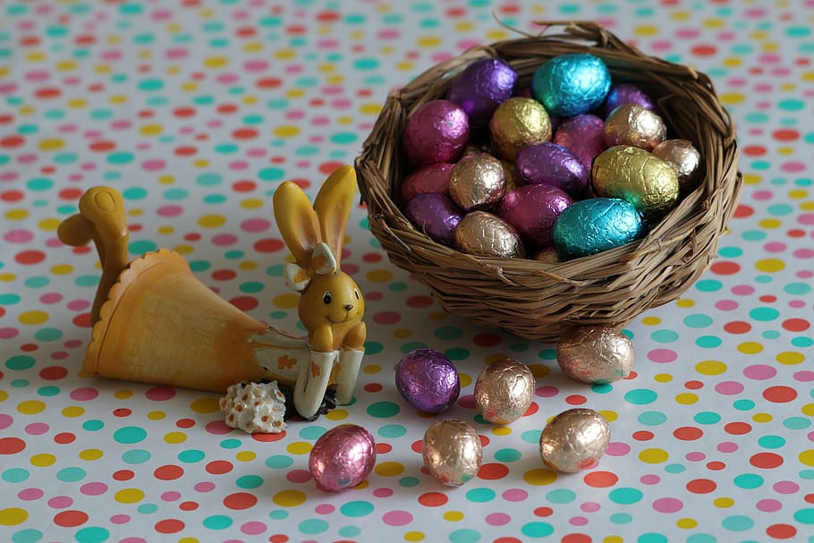 easter, easter decoration, eggs, rabbit, colorful, easter bunny, decoration, basket, chocolate eggs, pastel