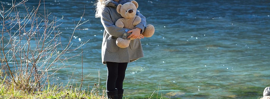 bear, stuff, stuffed, toy, sea, shore, blonde, girl, pose, little
