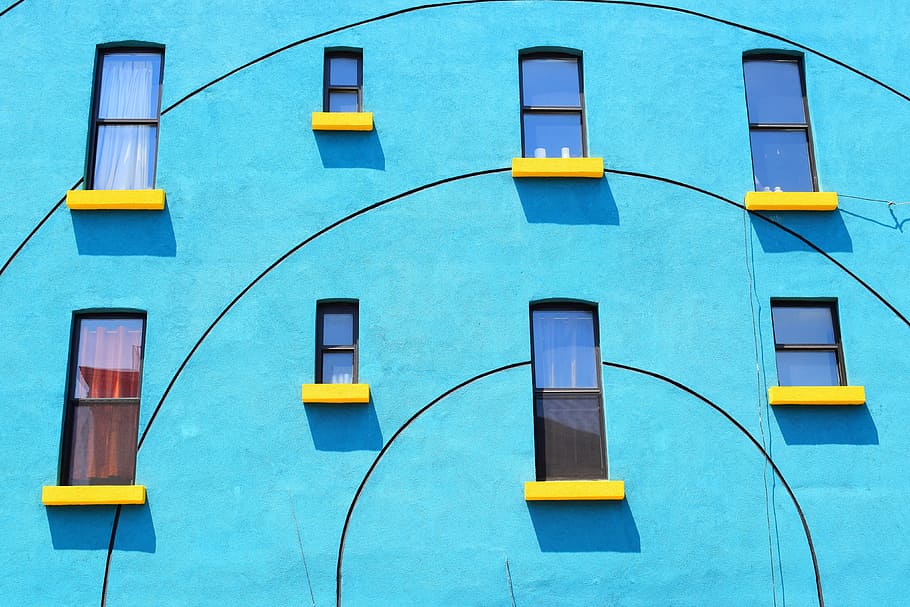 ventanas azules, urbanas y urbanas, diseño, papel tapiz hD, ventanas, amarillo, arquitectura, exterior del edificio, estructura construida, nadie