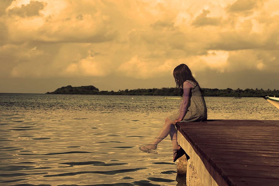 lonely, girl, lake, sepia, alone, dock, landscape, sad, woman, young
