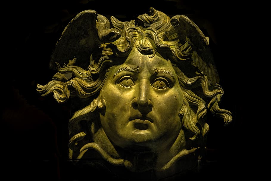 gorgon, medusa, head, face, sculpture, bronze, mythology, monster, legend, woman