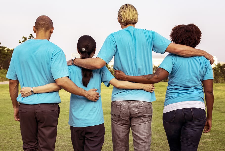 african, african american, american, arms around, asian, back, black, blue, charity, chinese