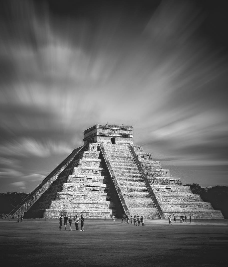 chichen itza, mexico, pyramid, the mayans, archaeology, architecture, archaeological site, b w, built structure, history