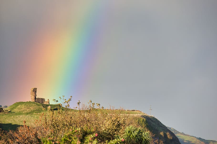 castle, rainbow, ruin, burgruine, northern ireland, coast, sky, scenics - nature, beauty in nature, multi colored
