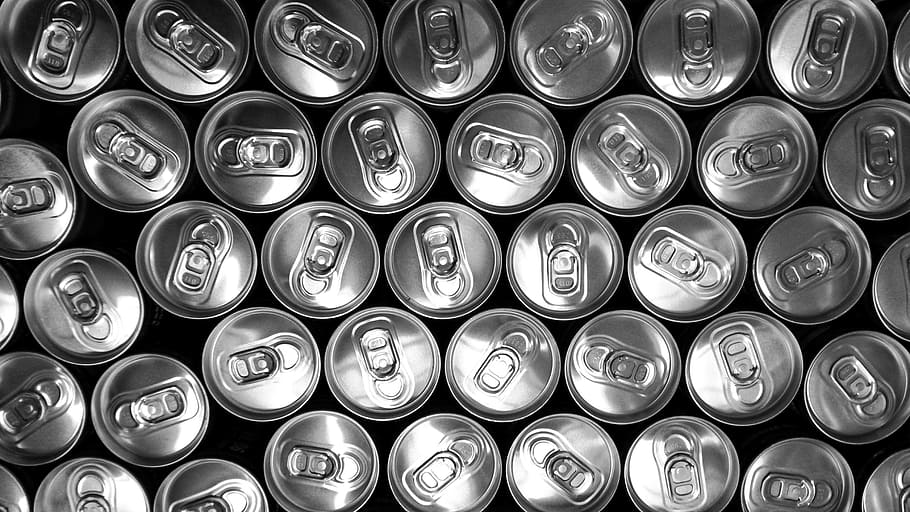 cans, drinks, beverage, pop tabs, black and white, drink can, large group of objects, full frame, backgrounds, can