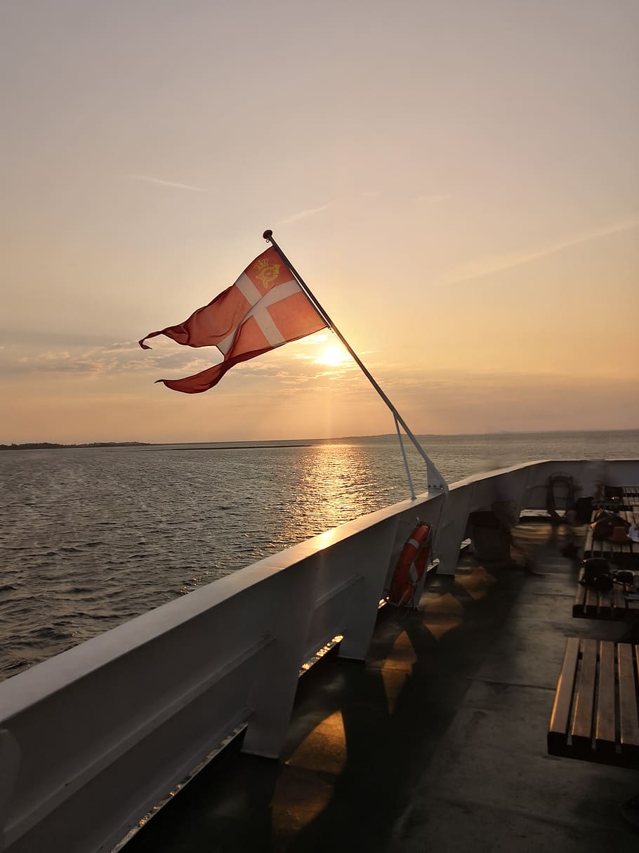 bandera, puesta de sol, dinamarca, mar, romance, barco, sol, lago, cielo, agua