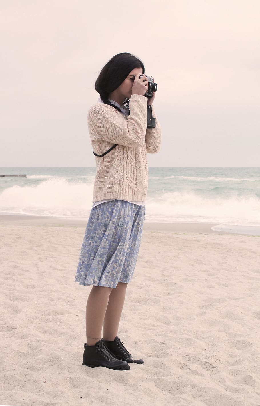menina, câmera, mar, zênite, lente, fotógrafo, baía, modelo, viagem, praia