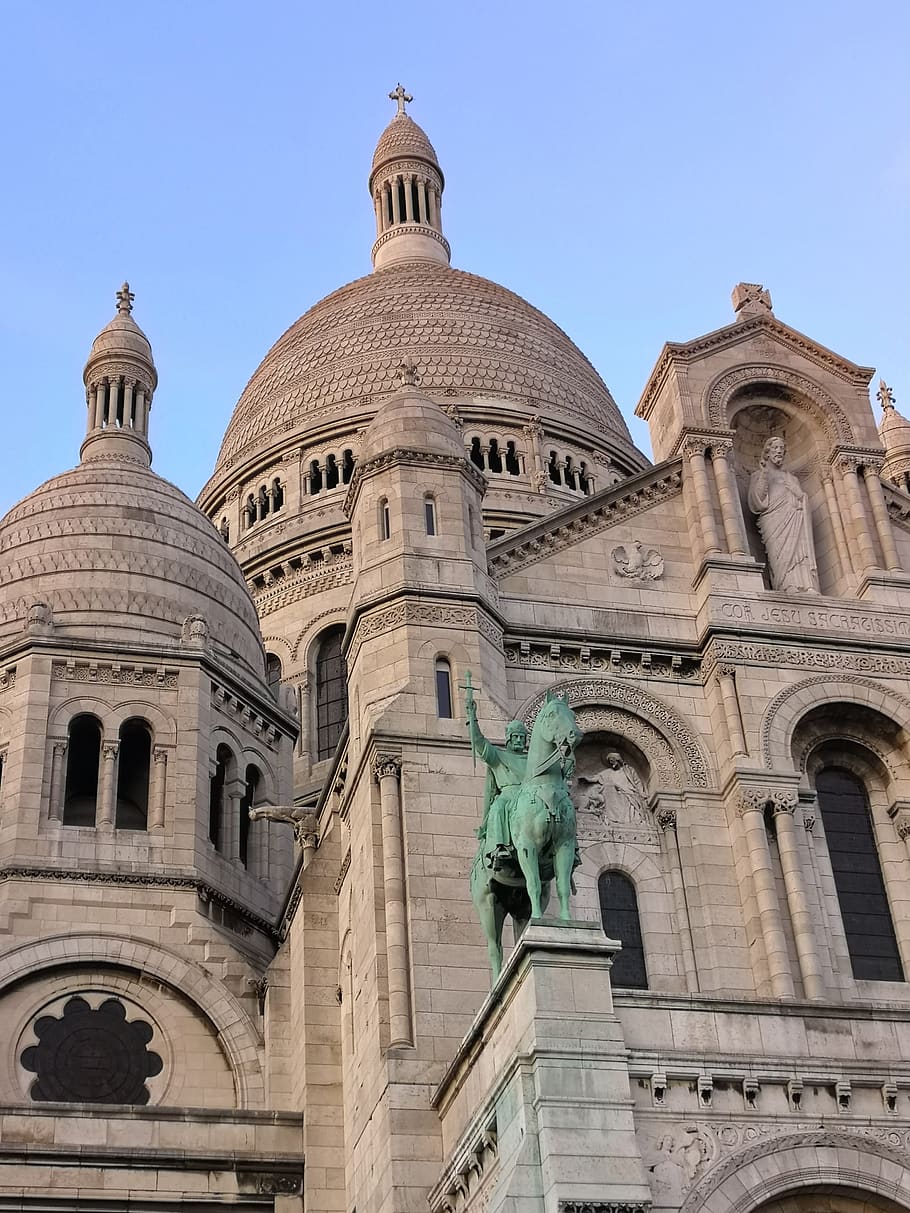 paris, france, sacred heart, montmartre, church, basilica, cathedral, marble, equestrian statue, facade
