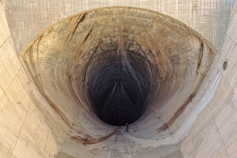 human, man, workers, dam, overflow, hole, opening, hoover dam, symmetry, symmetrical