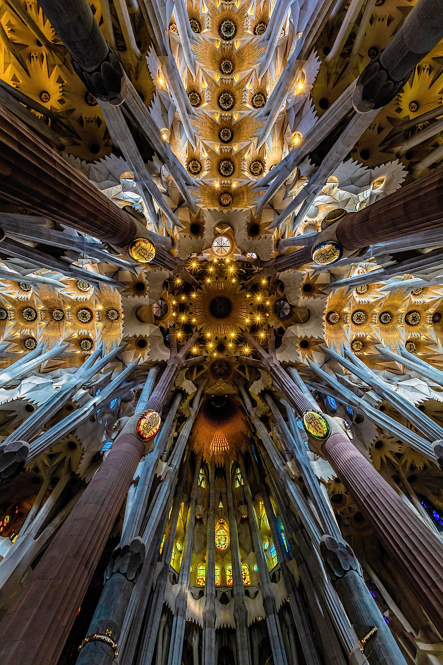 sagrada familia, barcelona, cathedral, spain, architecture, ceiling, low angle view, pattern, indoors, built structure