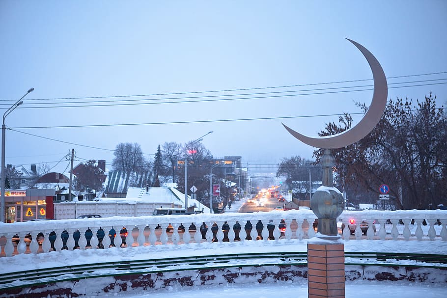 Masjid, Ufa, Rusia, bulan sabit, suhu dingin, musim dingin, salju, arsitektur, alam, langit