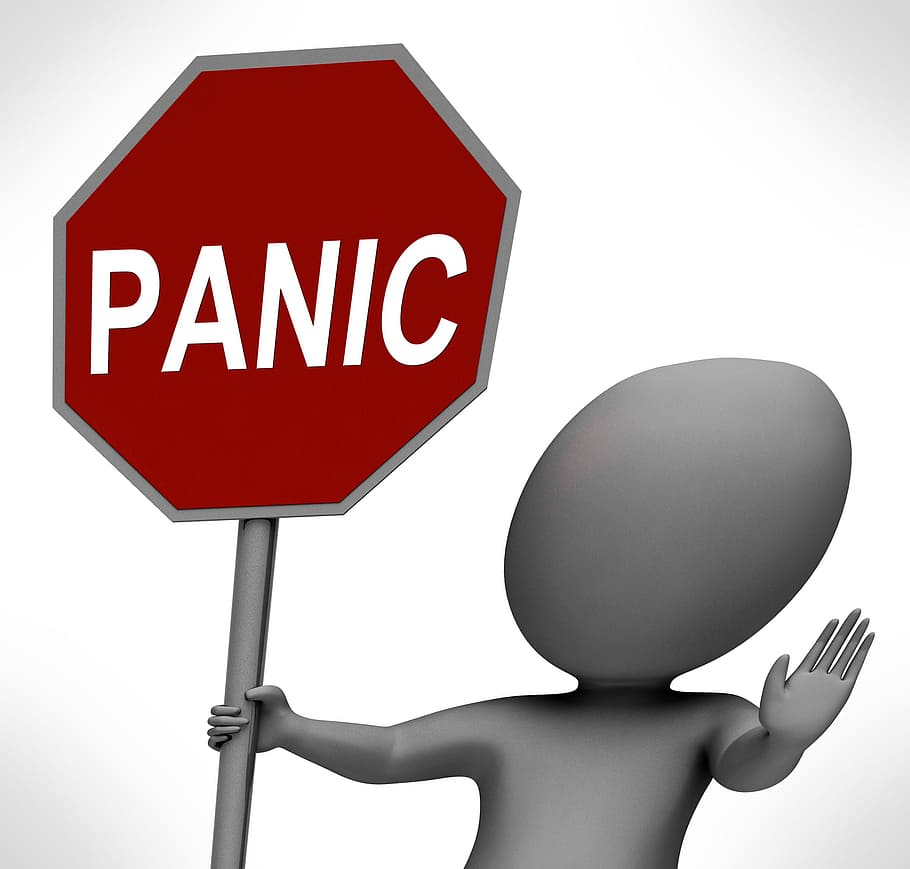panik, merah, berhenti, tanda, menunjukkan, kecemasan, 3d, kerusakan, karakter, krisis