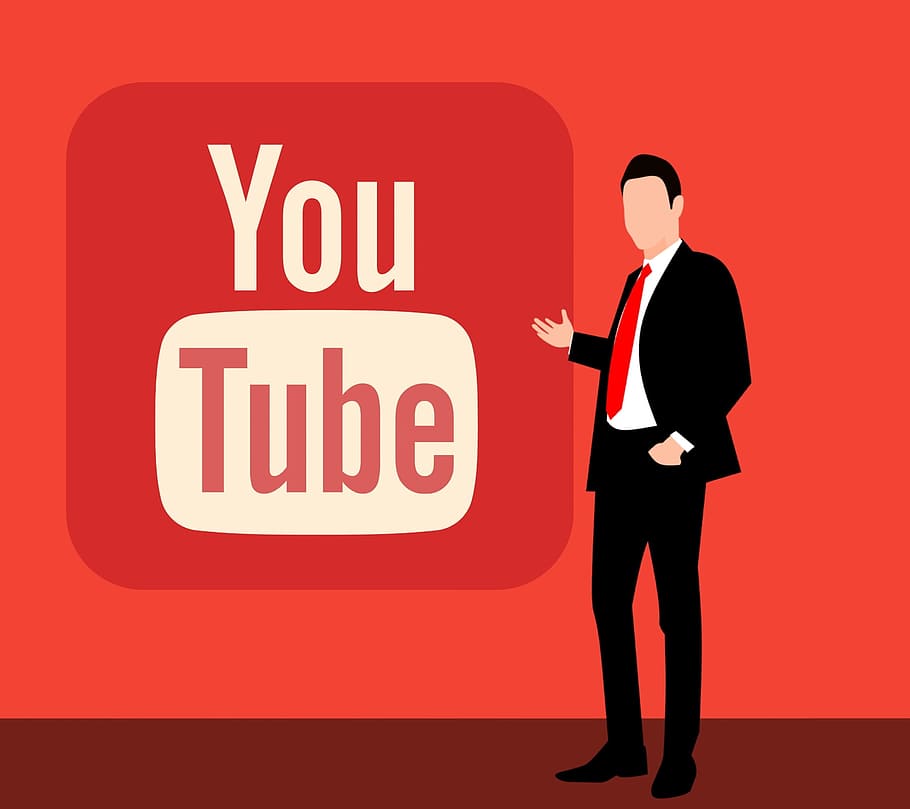 illustration, man, business suit, video, sharing, social, marketing concept, concept., youtube icon, logo youtube