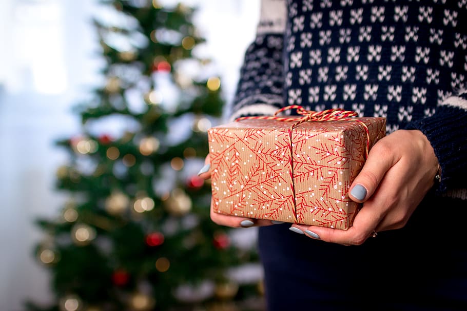 wanita, tangan wanita, pegang, kotak hadiah natal, kotak., selamat, natal, perayaan, pohon natal, liburan