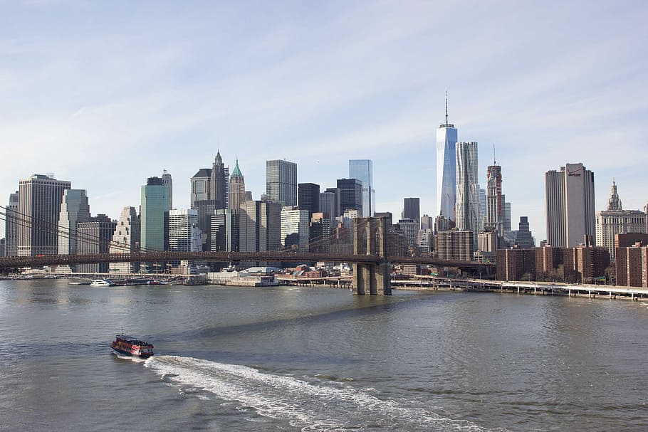 barco, passa, ponte de brooklyn, novo, york, américa, arquitetura, azul, ponte, paisagem urbana