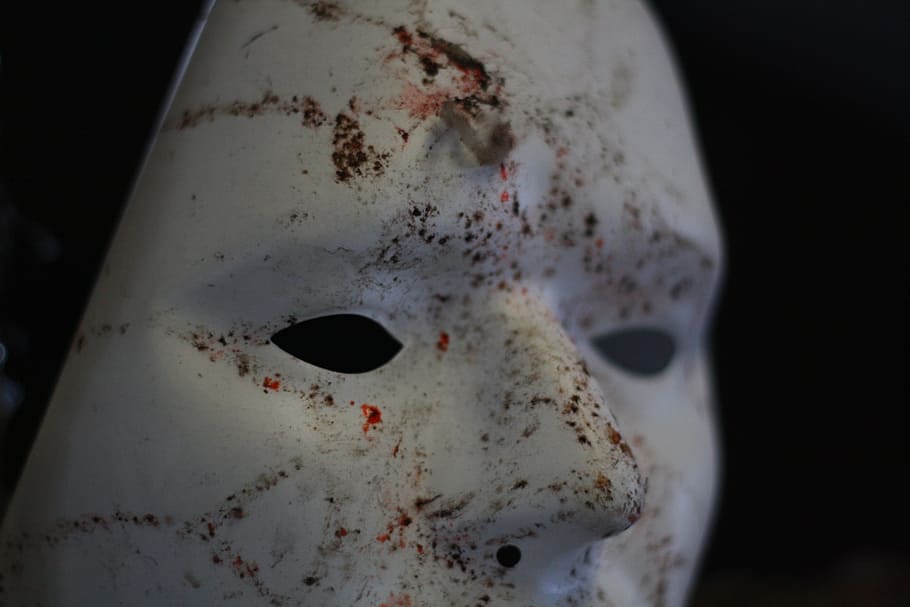 mask, theatre, white, face, scary, horror, blood, halloween, close-up, aggression