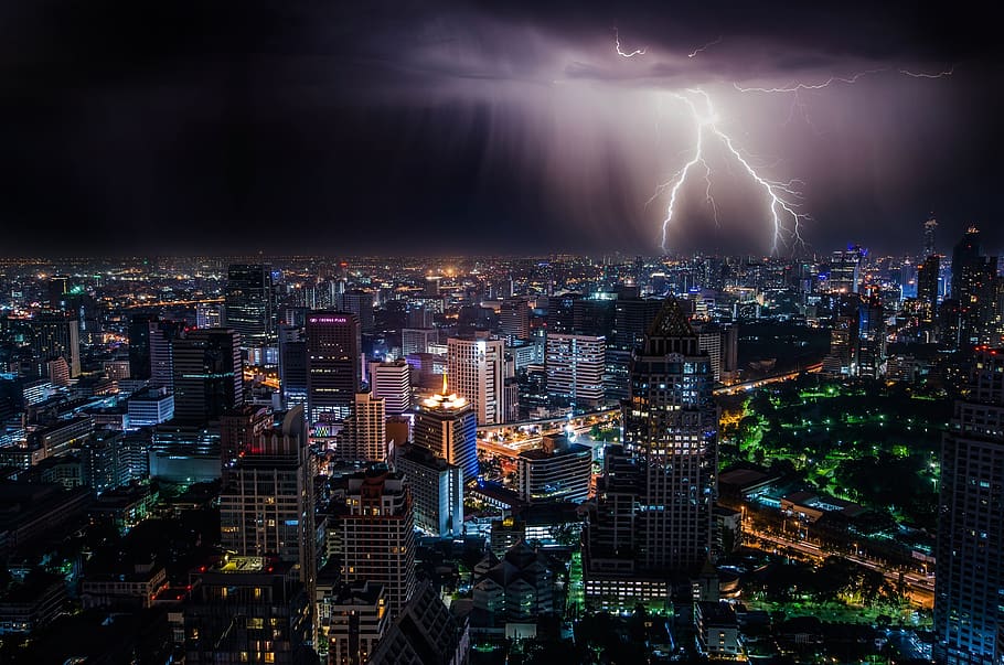lightning, city, night, sky, weather, thunderstorm, spectacular, dramatic, striking, lightning storm