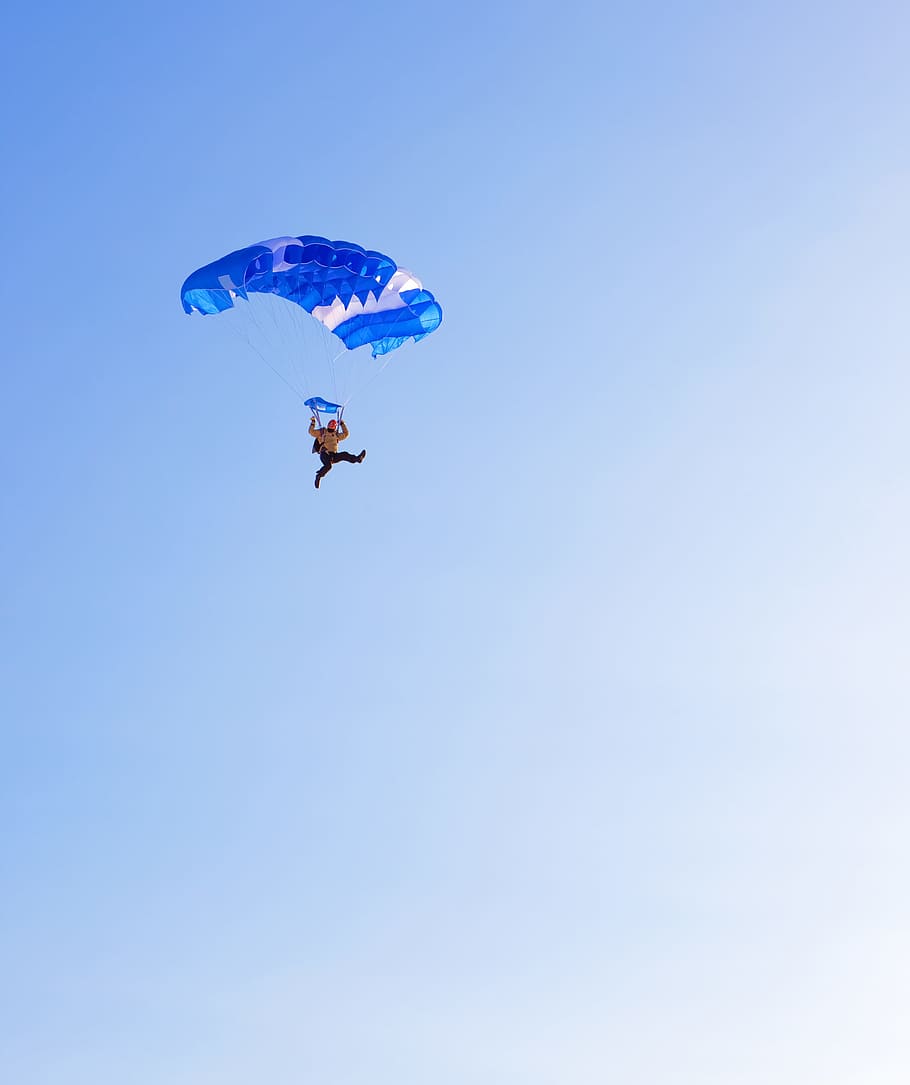 azul, mergulho, extremo, caindo, voar, panfleto, salto, homens, pára-quedas, paraquedista
