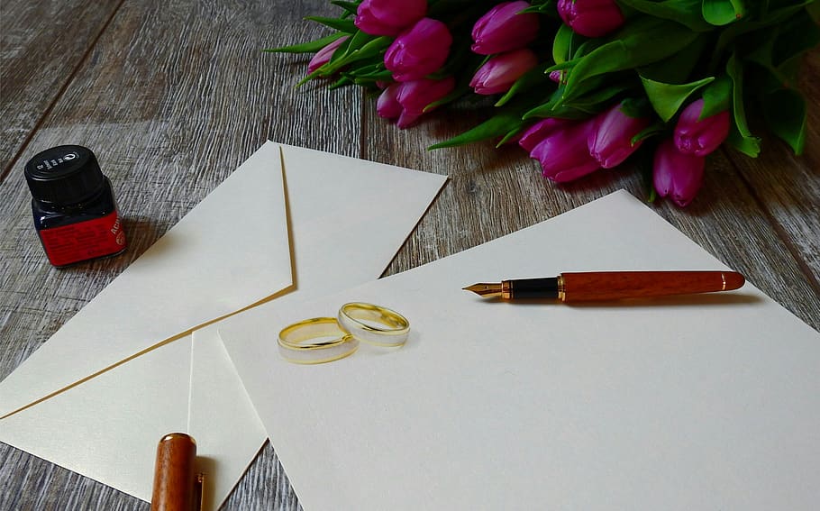 wedding invitation, ring, wedding, wedding card, wedding flower, ballpoint, bouquet, copyspace, wood, envelope