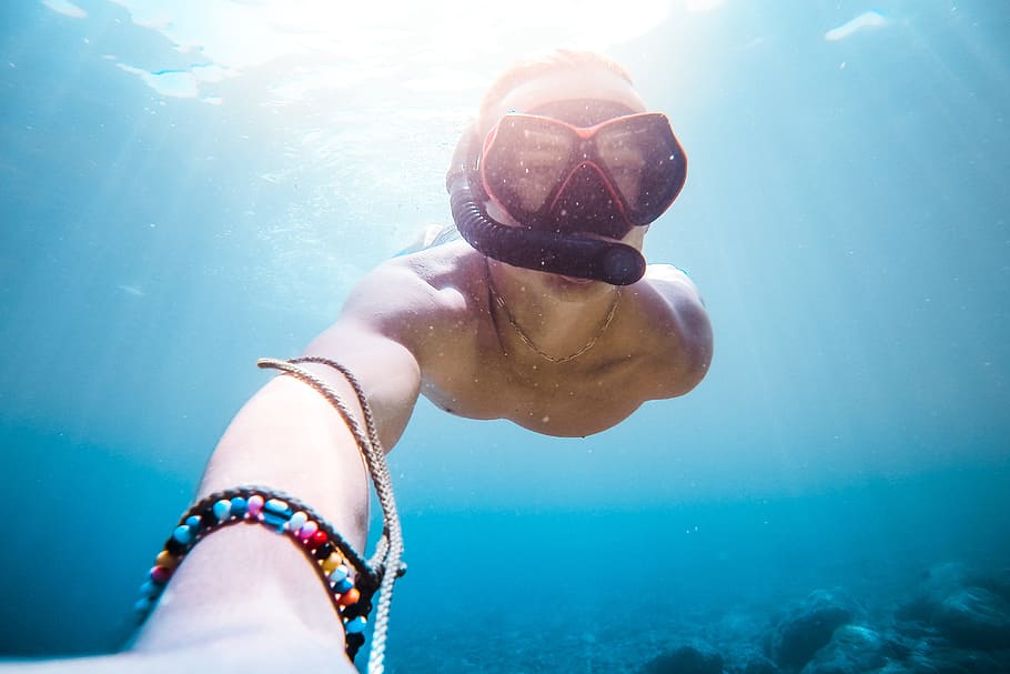 subaquático, mergulho, snorkel selfie, mar # 2, ativo, saudável, estilo de vida, homem, pessoas, mar
