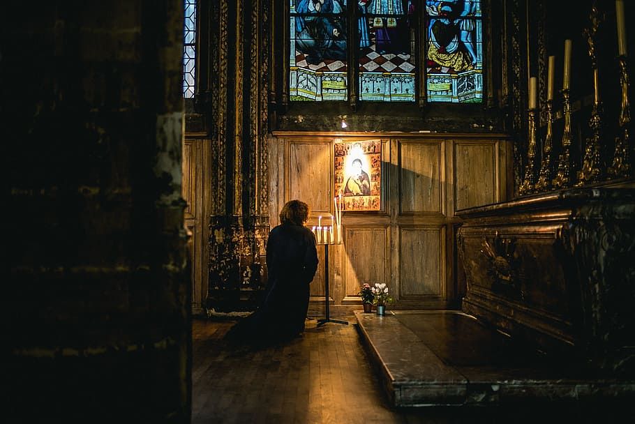 architecture, building, church, cathedral, people, woman, praying, candle, worship, kneel